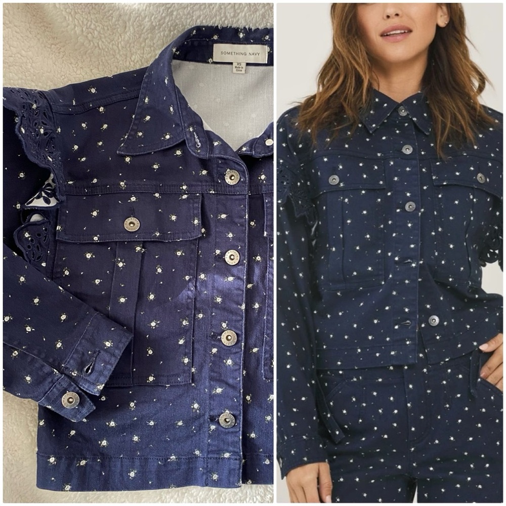 Something Navy | Floral Denim Trucker Jacket with Eyelet Detail